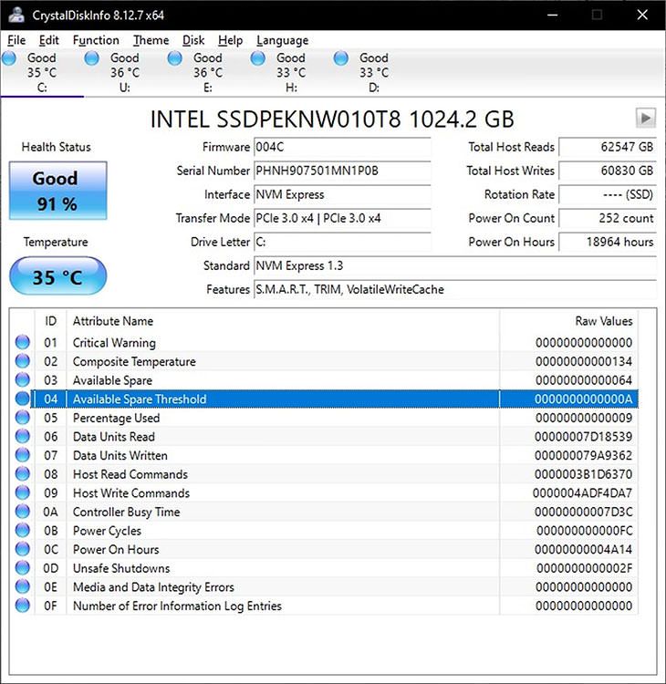 نرم افزار CrystalDiskInfo در ویندوز آمار SSD های ساخت اینتل را نشان می دهد